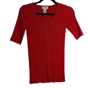CARMEN MARC VALVO Ribbed Knit Half Sleeve Faux Corset Front Red Sweater Shirt Sm